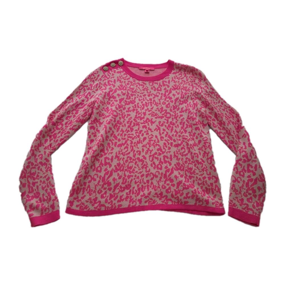 Lilly Pulitzer Morgen Jacquard Pink Leopard Print Sweater Rhinestone Shoulder M